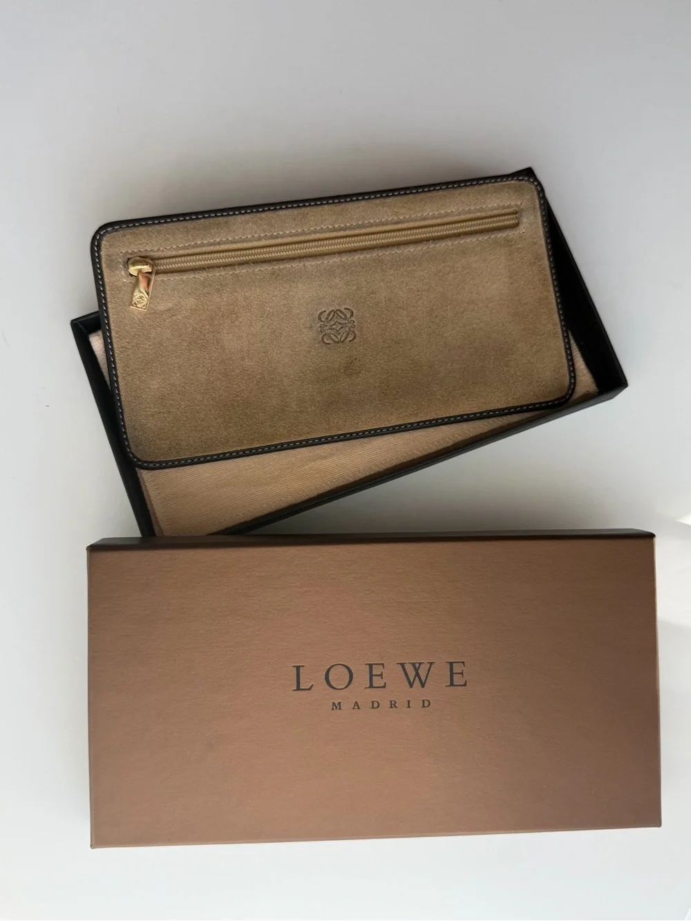 Loewe Metallic Gold Suede Zip Wallet with Black Trim